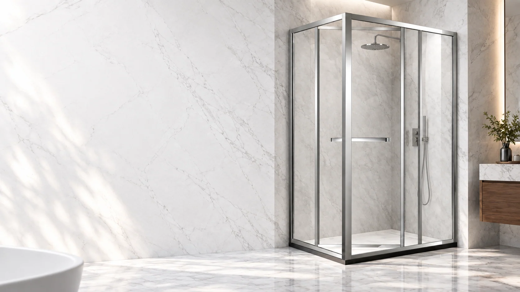 Marble bathroom visualization with a silver corner shower enclosure