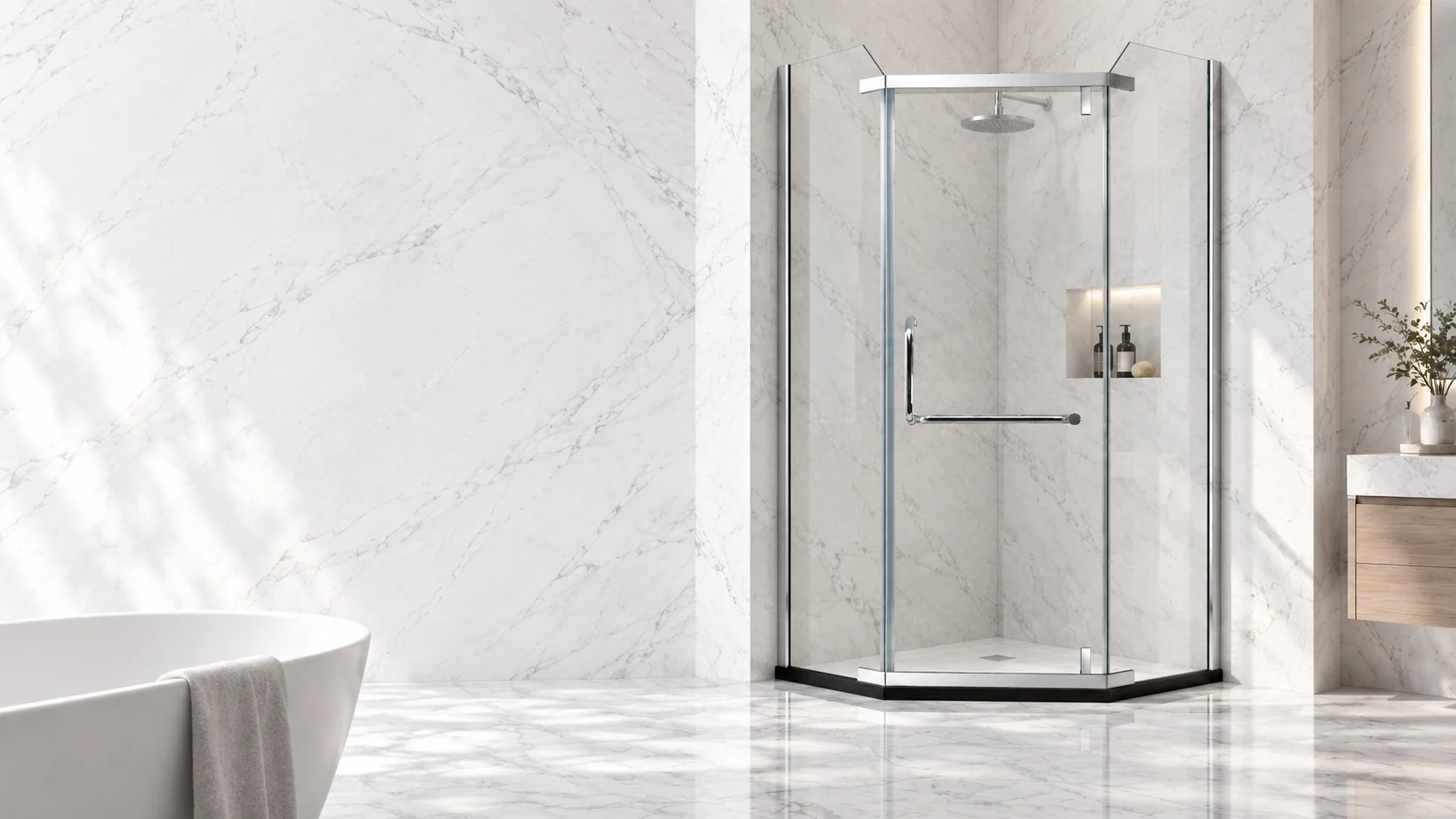 Stone bathroom visualization with a chrome corner hinged enclosure