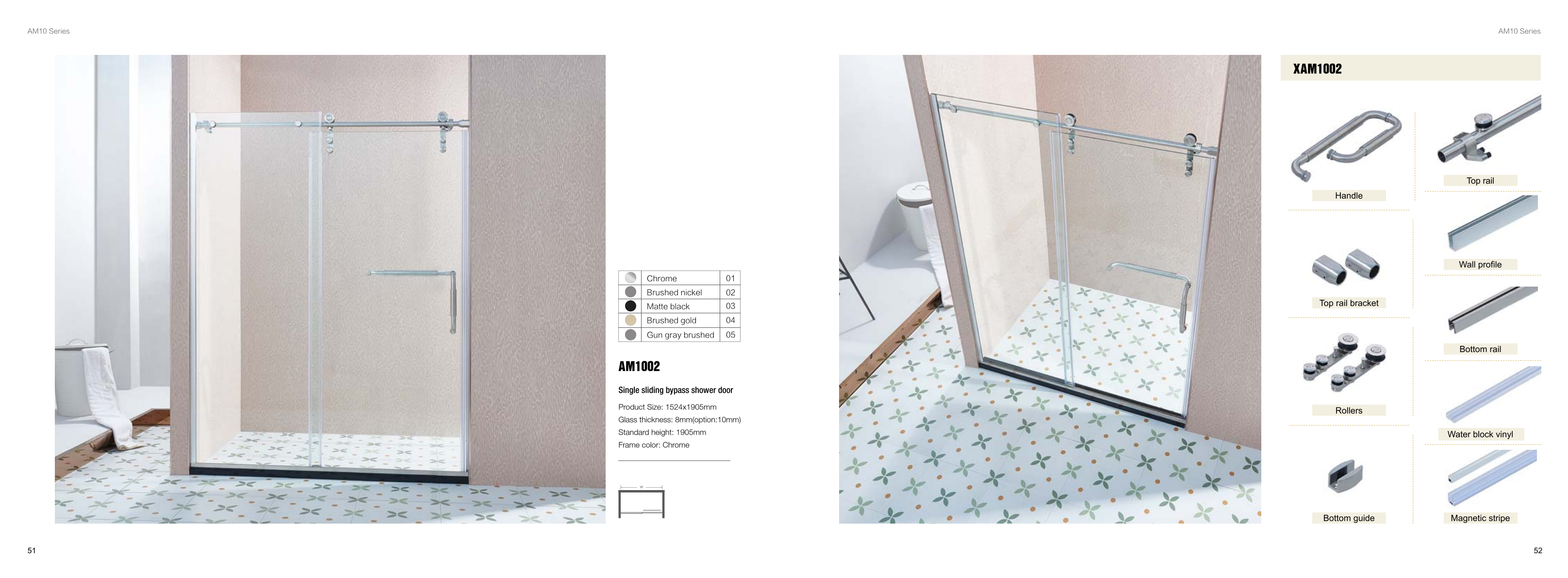 Catalogue reference showing a sliding enclosure with handle, rail, roller and seal details