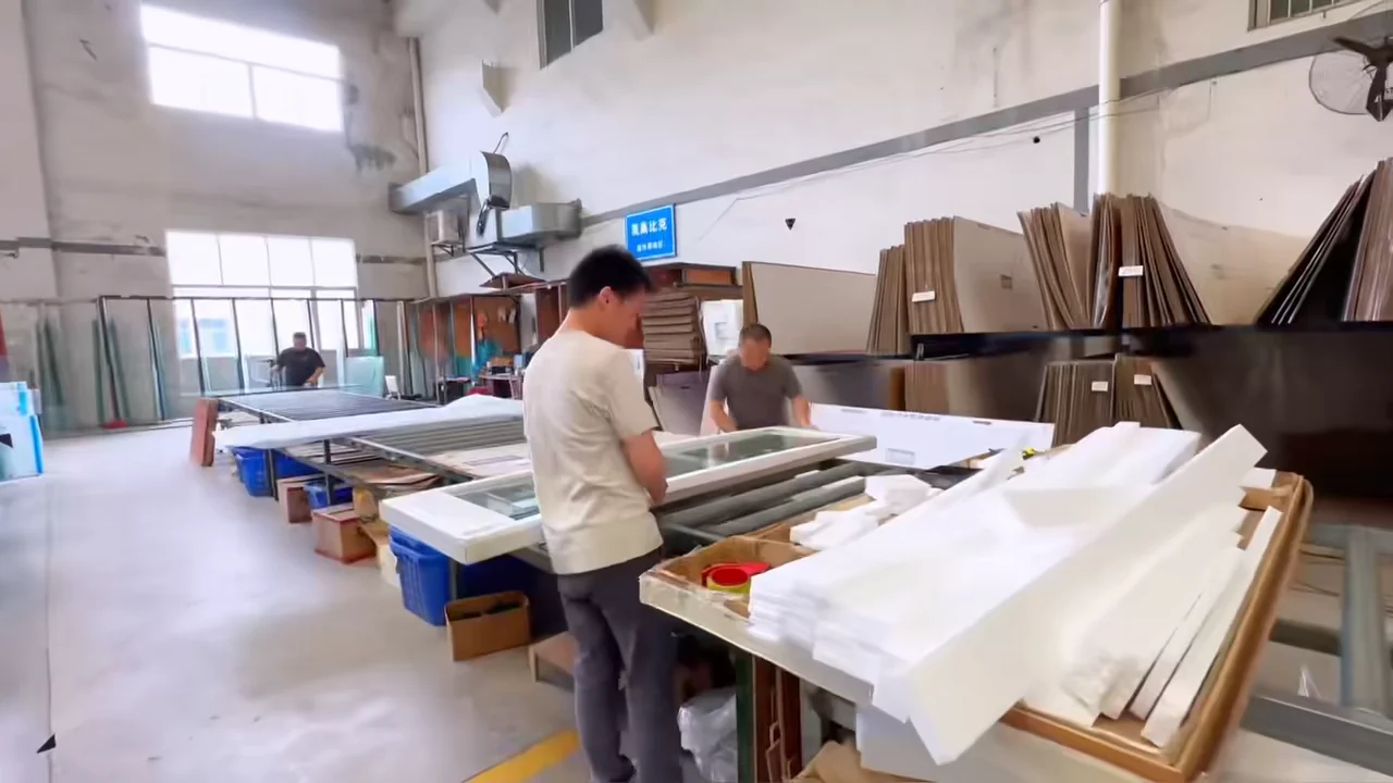 AIME workshop team assembling framed glass panels