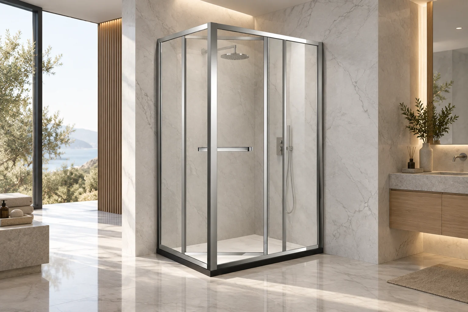 Catalogue-inspired marble bathroom showing a corner shower enclosure and nearby fittings