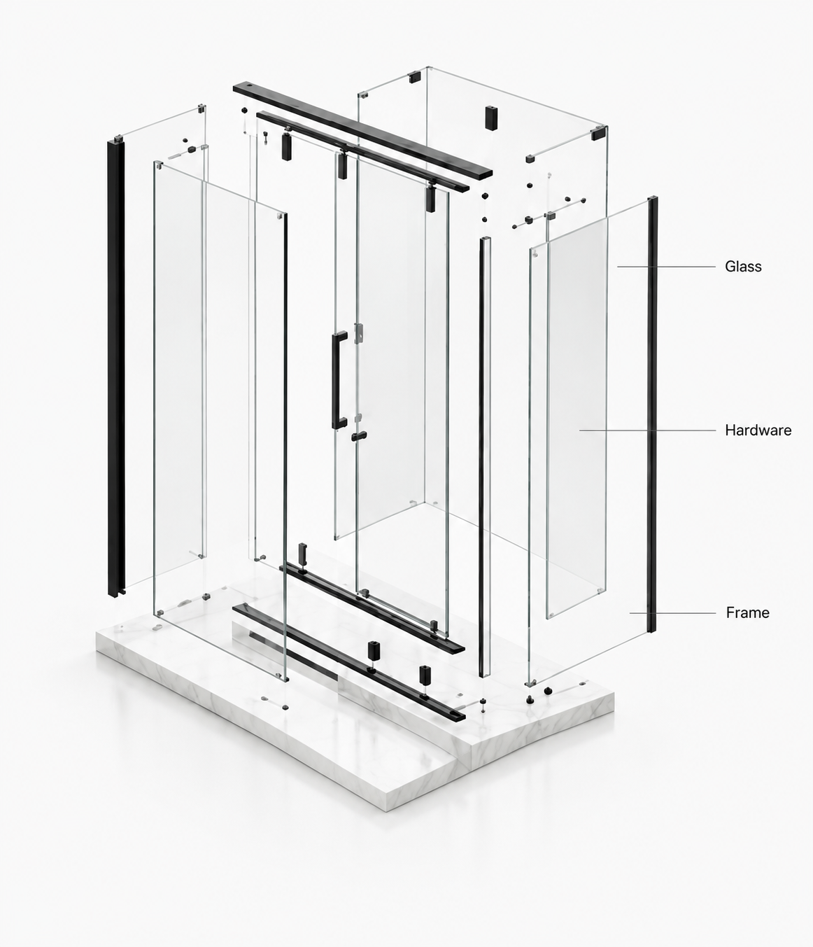 Concept illustration separating shower glass, hardware and frame for a project brief